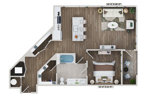 Floor plan for 1 bed, 1 bath, 909 sqft